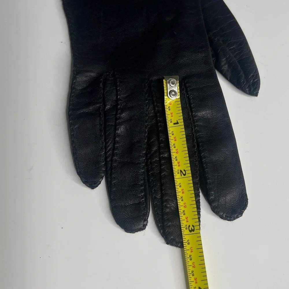 Black 20” Leather Sz 6 Opera Length Gloves Black Crystal Buttons Palm Opening